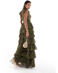 LACE & BEADS - Robe longue à volants en tulle avec épaules nouées - olive foncé - Lyst