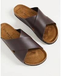 Brave Soul Faux Leather Cross Strap Sliders - Brown