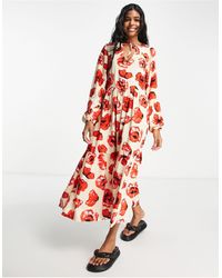 Monki - Oversized Midi-jurk Met Strokenrok En Oversized Klaprozenprint - Lyst