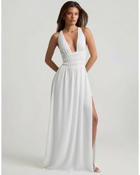 Oh Polly - Plunge Halter Neck Cross Back Detail Thigh Split Maxi Dress - Lyst
