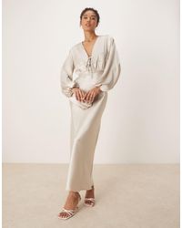 Gina Tricot - Satin Long Sleeve Midi V Neck Tie Front Ruched Detail - Lyst