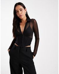 ASOS - Long Sleeve Mesh Corset Top With Hook And Eye - Lyst