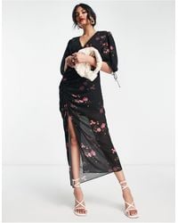 AllSaints - Vestido midi con abertura, estampado floral y diseño fruncido safiya - Lyst