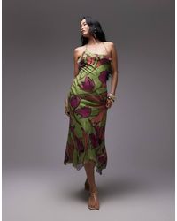 TOPSHOP - Vestido Para Eventos Especiales Midi Rosa Y Verde Con Estampado Floral Y Godets En El Bajo De - Lyst