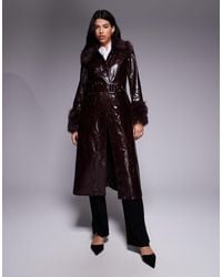 River Island - Trench-coat en pu avec finitions en fausse fourrure - foncé - Lyst