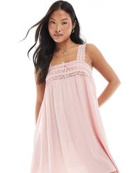 Miss Selfridge - Vestido Corto Rosa Empolvado De Bambula Con Ribete De Encaje De - Lyst