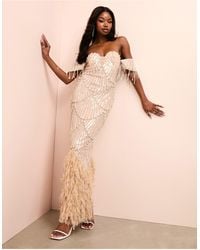 ASOS - Off-shoulder Plunge Neck Pearl Embellished Maxi Dress With Faux Feather Details - Lyst