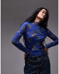 TOPSHOP - Floral Print Crinkle Mesh Long Sleeve Top - Lyst