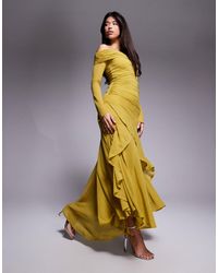ASOS - Stretch Chiffon Long Sleeve Bardot Maxi Dress With Ruffle Hem - Lyst