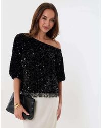 Threadbare - Sequin Slash Neck Puff Sleeve Top - Lyst