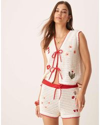 ASOS - Knitted Tie Front Top Co-ord With Floral Embroidery - Lyst