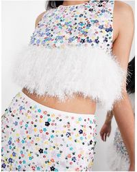 ASOS Ditsy Floral Sequin Crop Top With Faux Feather Hem - White
