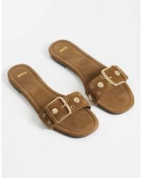 Mango - 100% Suede Leather Buckle Detail Flat Slides - Lyst