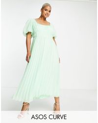 ASOS - Asos Design Curve Puff Sleeve Pleated Dobby Midi Dress With Scallop Trim - Lyst