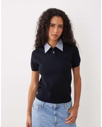 Mango - Short Sleeve Knit Top With Shirt Collar Detailing - Lyst