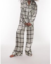 TOPSHOP – karierter pyjama bestehend aus paspeliertem satinhemd und hose - Weiß