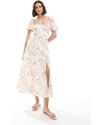 New Look - Robe mi-longue tendance folk avec manches bouffantes et imprimé fleuri - crème - Lyst