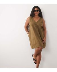 ASOS - Asos Design Curve Cotton Linen V Neck Smock Mini Dress - Lyst