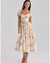 House Of Cb - Penelope Ivory Vintage Rose Print Chiffon Midi Dress - Lyst