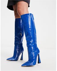 SIMMI - Simmi london - ravi - stivali al ginocchio svasati con tacco cobalto effetto coccodrillo a pianta larga - Lyst