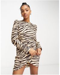 New Look - – hochgeschlossenes minikleid mit puffärmeln und zebramuster - Lyst