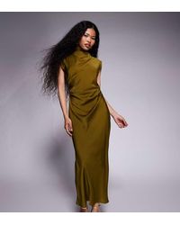 ASOS - Asos Design Petite Satin High Neck Pleated Bodice Midi Dress - Lyst
