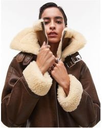 TOPSHOP - Faux Suede Shearling Zip Front Oversized Aviator Jacket With Double Collar Detail - Lyst
