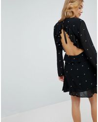 Honey Punch Long Sleeve Tea Dress With Ruffle Trim In Star Print - Black