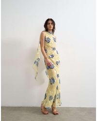 TOPSHOP - Maxi Gelegenheidsjurk Van Jacquard Met Stippen, Open Achterkant En Bloemenprint - Lyst