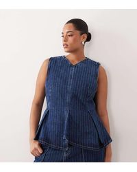 ARRANGE - Curve Stitch Stripe Denim Pleated V Neck Top - Lyst
