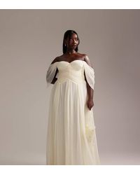 ASOS - Vestido De Novia Largo Plisado Con Detalle Estilo Corsé Y Mangas Drapeadas De Asos Design Curve-Blanco - Lyst