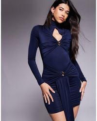 Ruched & Ready - Sculpted High Neck Keyhole Detail Gold-tone Hardware Drape Mini Dress - Lyst