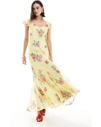 Vero Moda - Vestito lungo limone a fiori con maniche con volant - Lyst