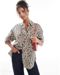 Stradivarius - Camicia Effetto Lino Con Stampa Leopardata - Lyst