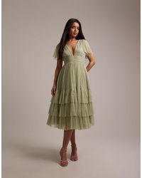 LACE & BEADS - Bridesmaid Tulle V Neck Midi Dress - Lyst
