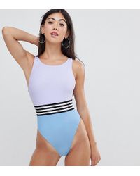 ASOS Asos Design Petite Recycled High Neck Elastic Waist Colour Block Swimsuit In Multi - Blue