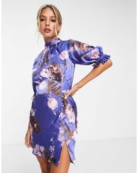 ASOS - Satin Mini Mixed Floral Dress With Waist Detail And Frill Sleeves - Lyst