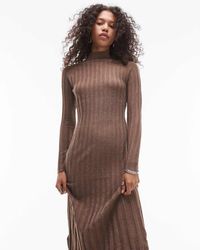 Mango - Hoogsluitende Geribbelde Midi Jurk Met Lange Mouwen - Lyst
