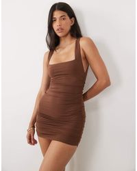 Oh Polly - Modal Square Neck Ruched Bodycon Mini Dress - Lyst