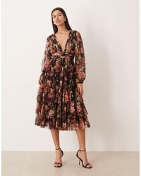 LACE & BEADS - Tulle Sheer Balloon Sleeve Deep V Neck Tiered Midi Dress - Lyst