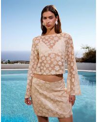 ASOS - Co-ord Long Sleeve Crochet Floral Sequin Backless Top - Lyst