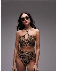 TOPSHOP - Mix and match - top bikini allacciato al collo taglio lungo con stampa leopardata - Lyst