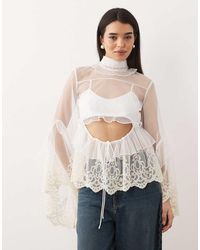 Bardot - Anyssa High Neck Embroidered Lace Ruffle Cut Out Detail - Lyst