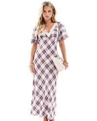 New Look - Vestido Midi Color Crema A Cuadros Con Mangas Fluidas Y Detalle De Encaje De -Blanco - Lyst