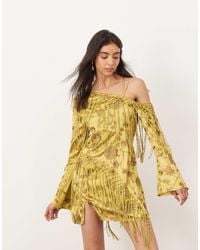 ARRANGE - Embroidered Fringe Detail Off-shoulder Tie-back Mini Dress - Lyst