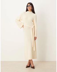 Pretty Lavish - Fluffy Tie Waist Knitted Midaxi Jumper Dress - Lyst