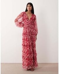 LACE & BEADS - Deep V-neck Sheer Bell Sleeve Maxi Dress - Lyst