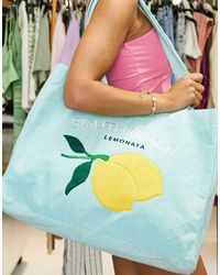 South Beach Tote Bag With Lemons - Blue