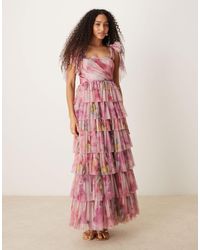 LACE & BEADS - Bow Shoulder Tiered Tulle Maxi Dress - Lyst