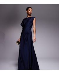 ASOS - Asos Design Tall Satin Asymmetric Neckline Maxi Dress With Pleat Shoulder And Skirt Detail - Lyst